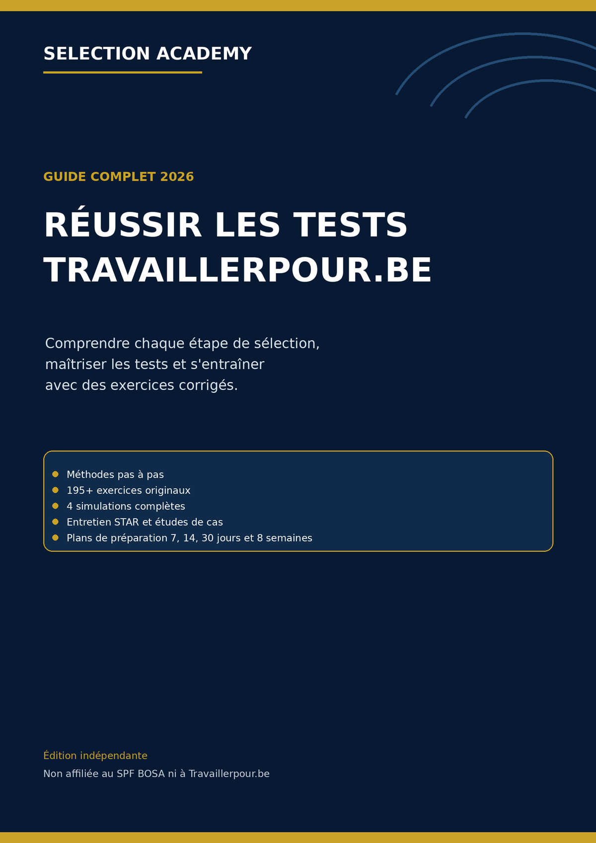 Couverture du guide 2026 pour réussir les tests Travaillerpour.be avec exercices corrigés et simulations